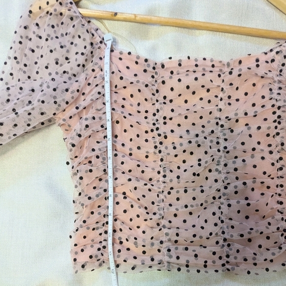 🟡 7. Cotton Linen Blend Soft Pink Polka Dot  Crop Top Sheer Sleeves - Picture 5 of 9